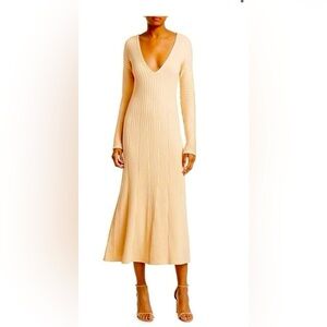 AMUR Fawn Rib-Knit V-Neck Midi Dress, NWT